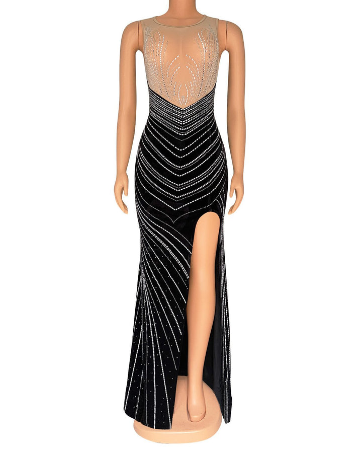 Women's Fashion Splicing Mesh Hot Diamond Evening Party Long Sleeveless Dress