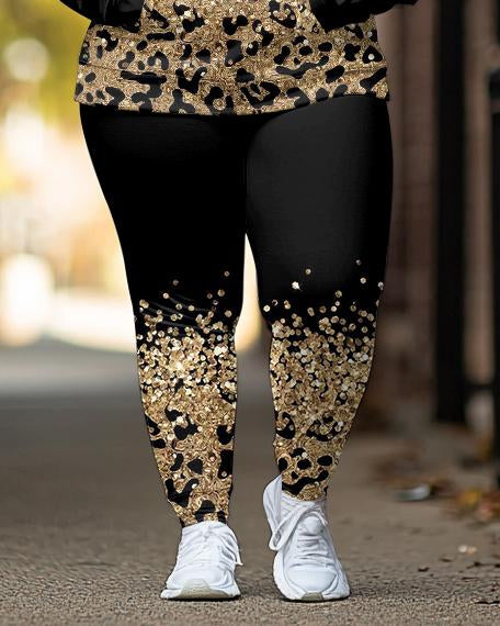 Fashion Simple Gold Leopard Print Long Sleeve Hoodie Two Pieces Set