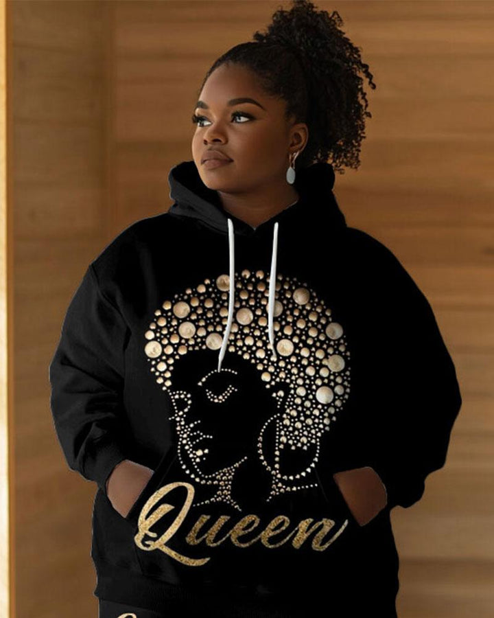 Shiny Afro Queen Print Long Sleeve Hoodie Two Pieces Set