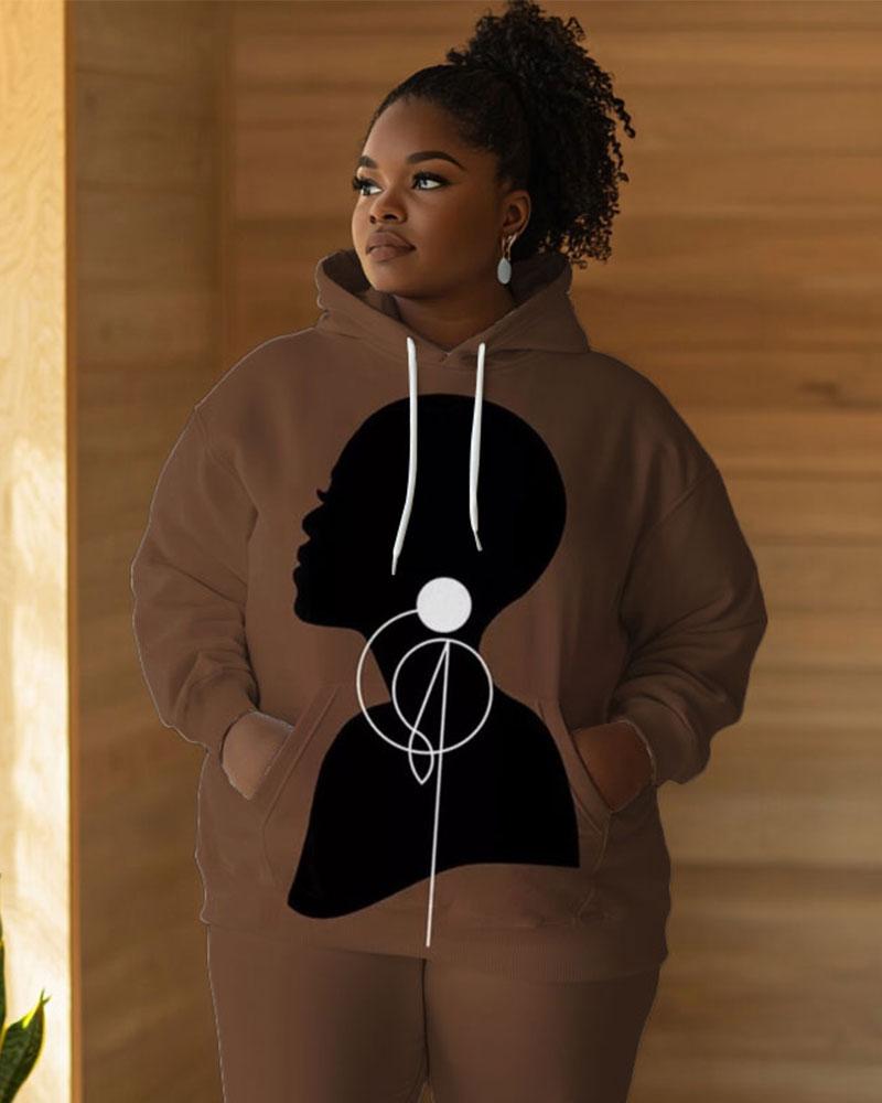 Afro Girl Line Earring Print Long Sleeve Hoodie Two Pieces Set