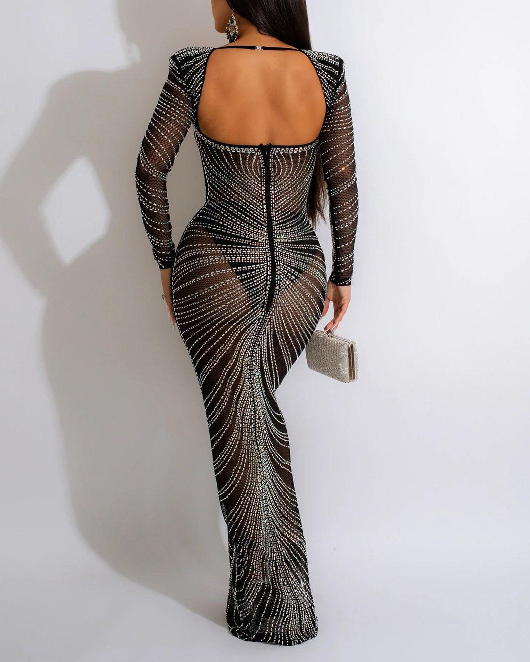 Women's Fashion Sexy Hot Diamond Mesh See-Through Party Long Sleeve Long Dress