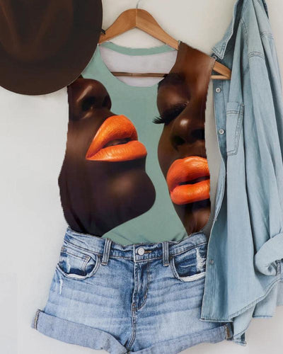 Orange Lipped Black Girl Printed Women's Tank Top
