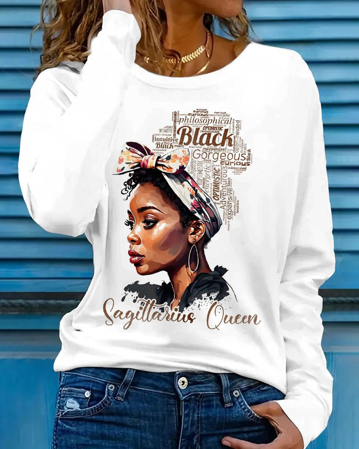 Sagittarius Queen Print Crew Neck Long Sleeve T-shirt