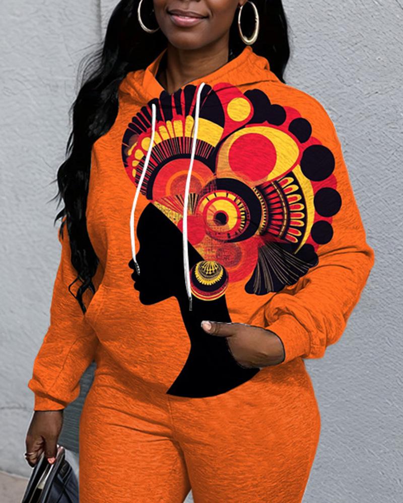 Retro Ethnic Portrait Print Hoodie and Solid Color Casual Pants Set