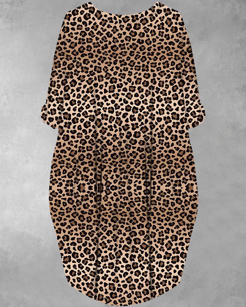 Leopard Print Crown Girl Baggy Long Sleeve Pockets Midi Dresses