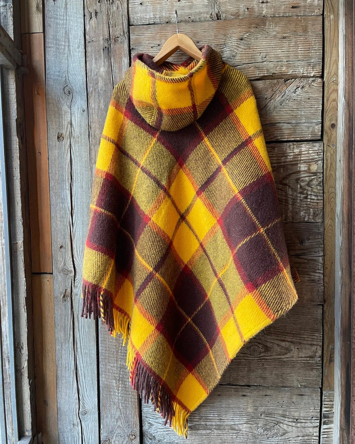 Yellow Plaid Print Tassels Hooded Warm Shawl Cape