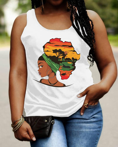 Casual Black Girl African Scenery Print Ladies Tank Top