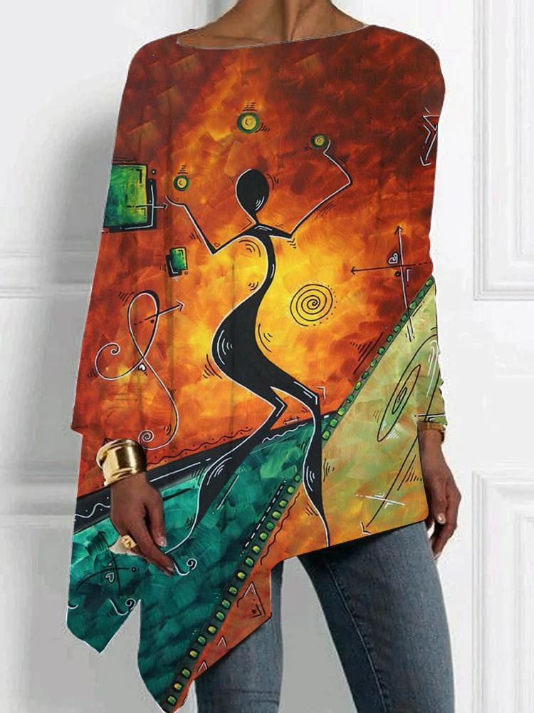 Personalized oil painting fashion printing irregular hem top