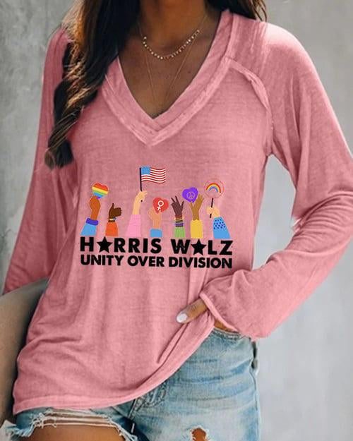 Women's Unity Over Division Printed V-neckt Long Sleeve T-shirt