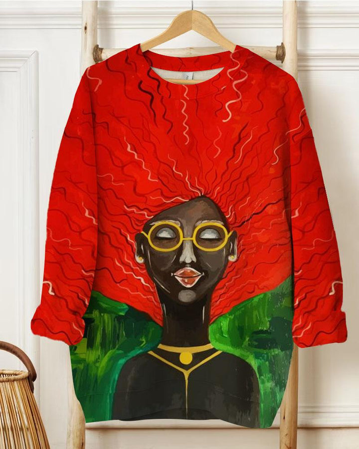 Women's Black Female Illustration Print Crewneck Sweatshirts