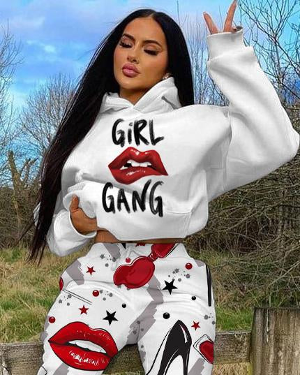 Girl Gang Lips Lipstick Long Sleeve Hoodie Two Pieces Set