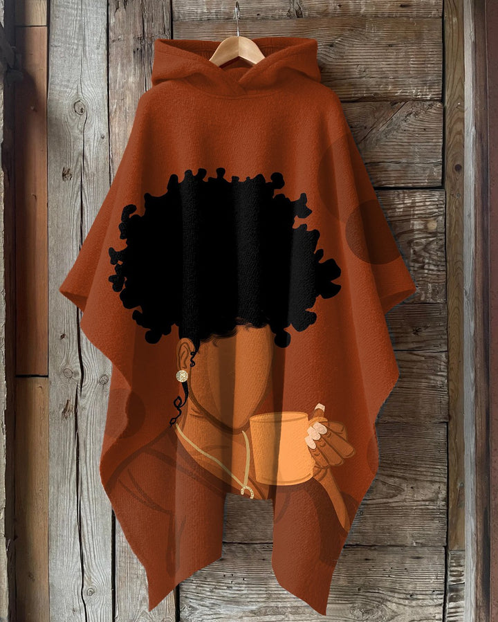 Coffee Afro Woman Hooded Warm Shawl Cape