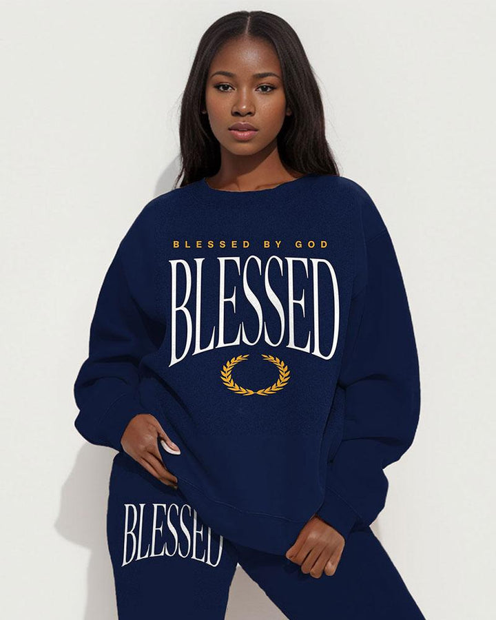 Blessed By God Print Long Sleeve Sweatshirt Two Pieces Set