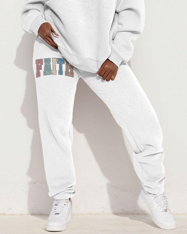 Colorful Faith Print Long Sleeve Sweatshirt Two Pieces Set