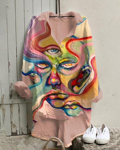 Face Watercolor Striped Oil Painting Cotton And Linen Tunic Shirt