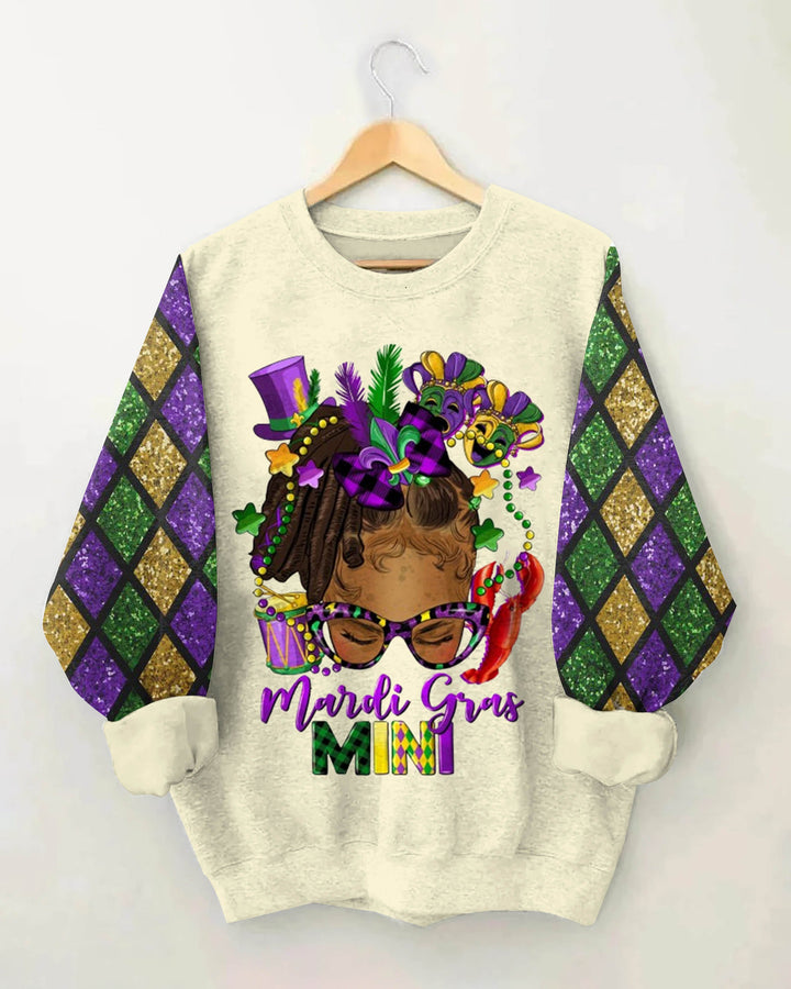 Mardi Gras Afro Messy Bun Mini Crewneck Sweatshirt