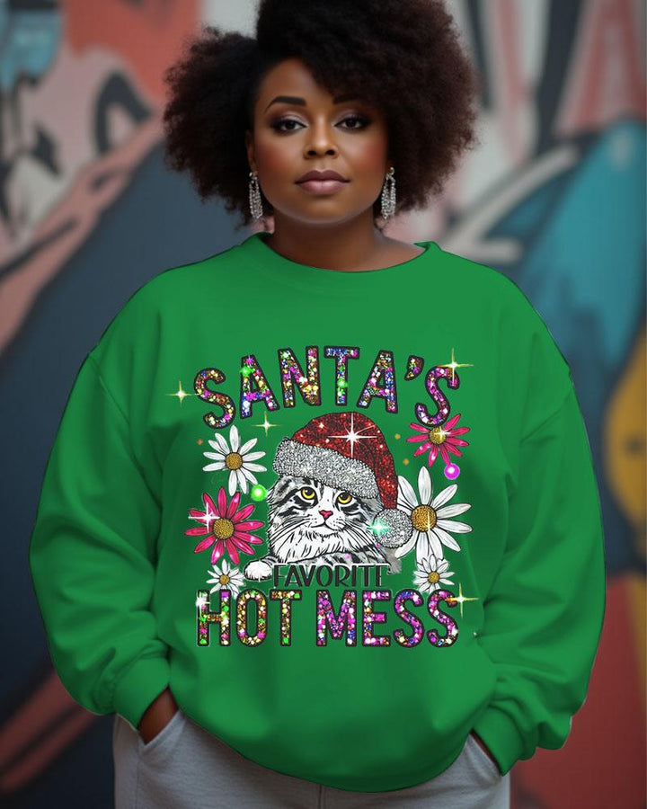 Women's Christmas Slogan Santa's Favorite Hotmess And Cat Print Crewneck Sweatershirts