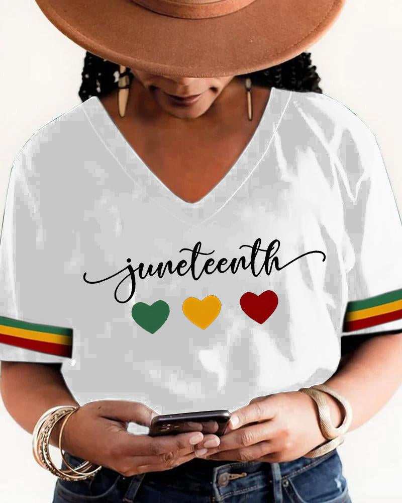 Juneteenth Heart Letter Print V Neck Short Sleeves