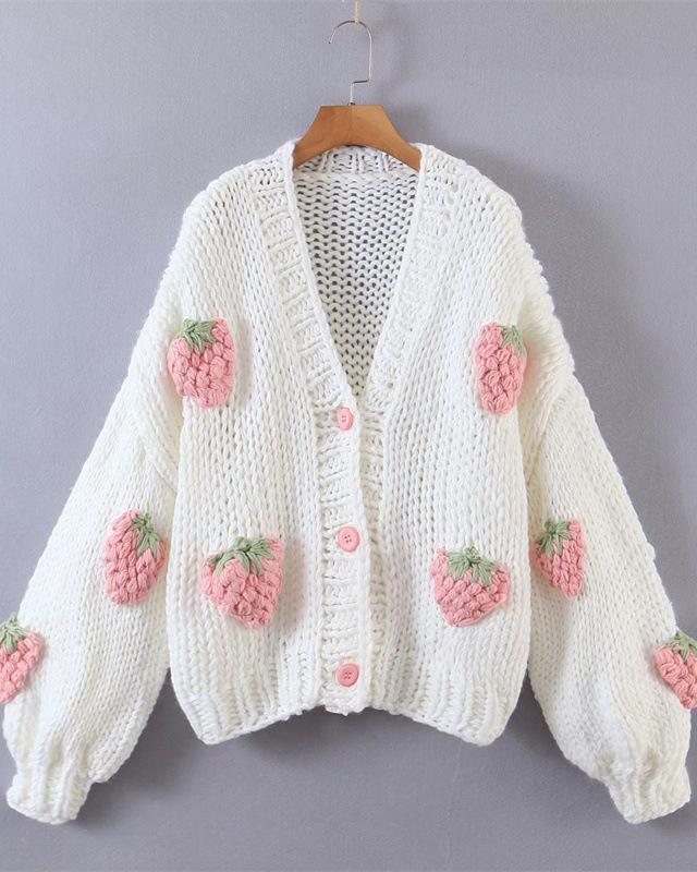 Women's Fashion Cute Strawberry V-Neck Lantern Sleeve Thick Knitted Sweater Cardigan