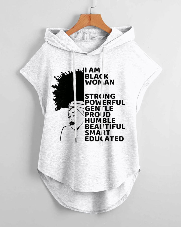 I Am Black Women Hem Drawstring Hooded Tee