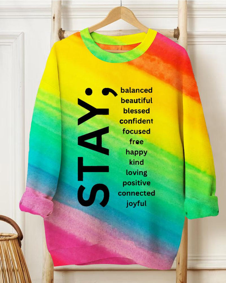 Ladies Slogan Stay Balanced Beautiful Blessed Confident Focused Free Happy Kind Loving Positive  Connected Joyful Round Neck Long Sleeve Sweatershirts