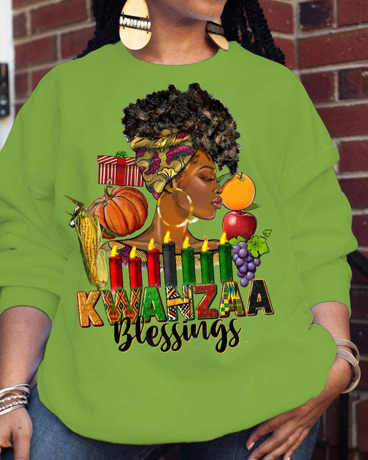 Women's Round Neck Kwanzaa Blessings Printed Long Sleeve Sweatershirts