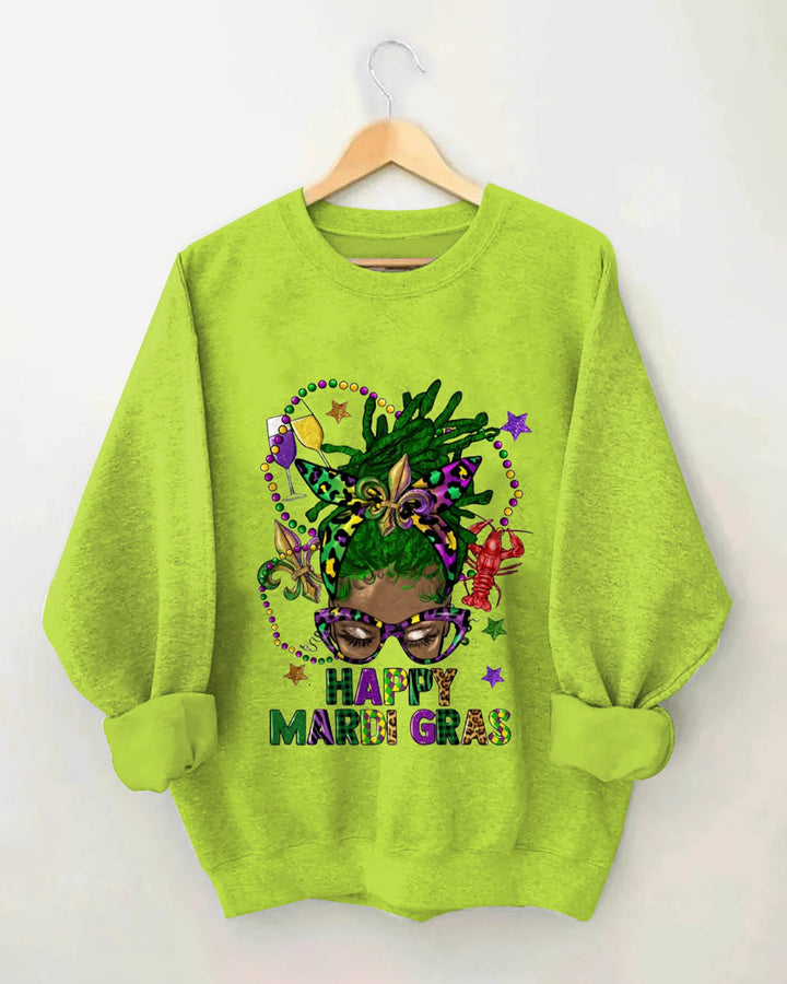 Happy Mardi Gras Afro Messy Bun Green Hair Crewneck Sweatshirt