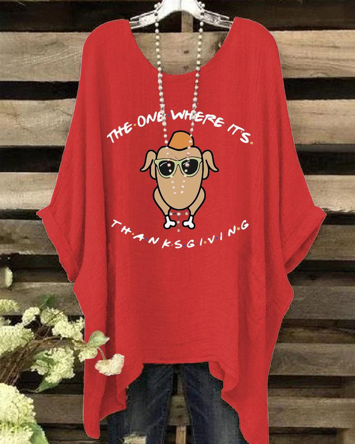 Women's The One Where It'S Thanksgiving Print Batwing Sleeve Crewneck Shirt