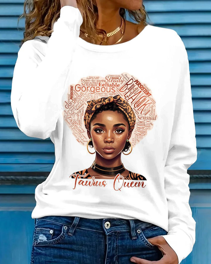 Taurus Queen Print Crew Neck Long Sleeve T-shirt