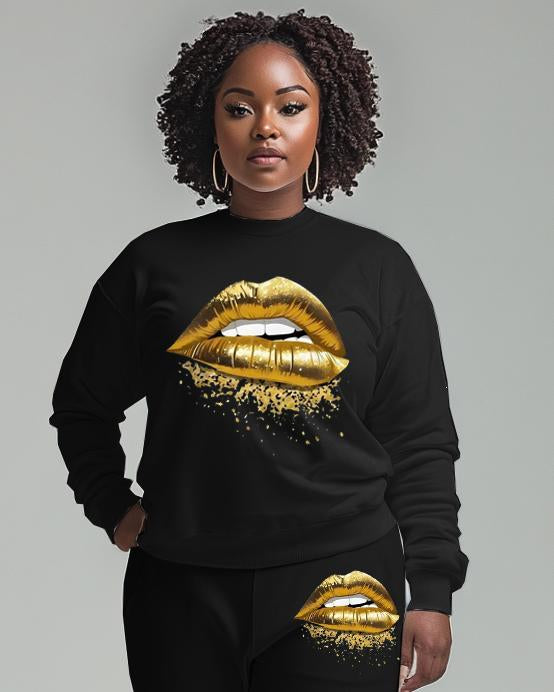 Gold Lips Print Sweatshirt Two Pieces Set