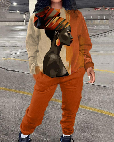 Personalized art black girl printed round neck sweatshirt trousers women's suit