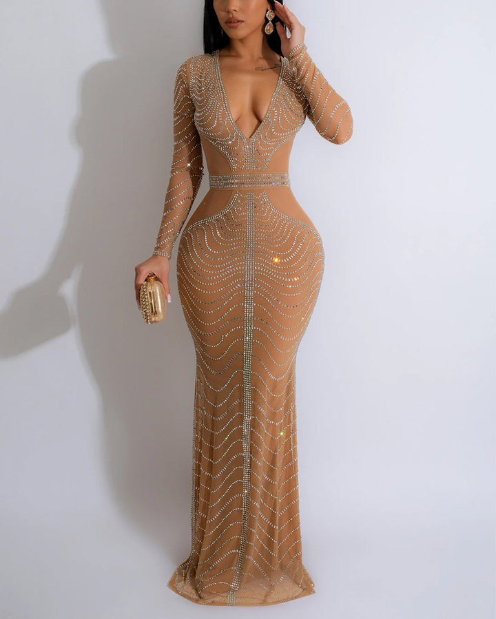 Women's Fashion Sexy Solid Color Mesh Hot Diamond Hip Evening Dress Long Dress