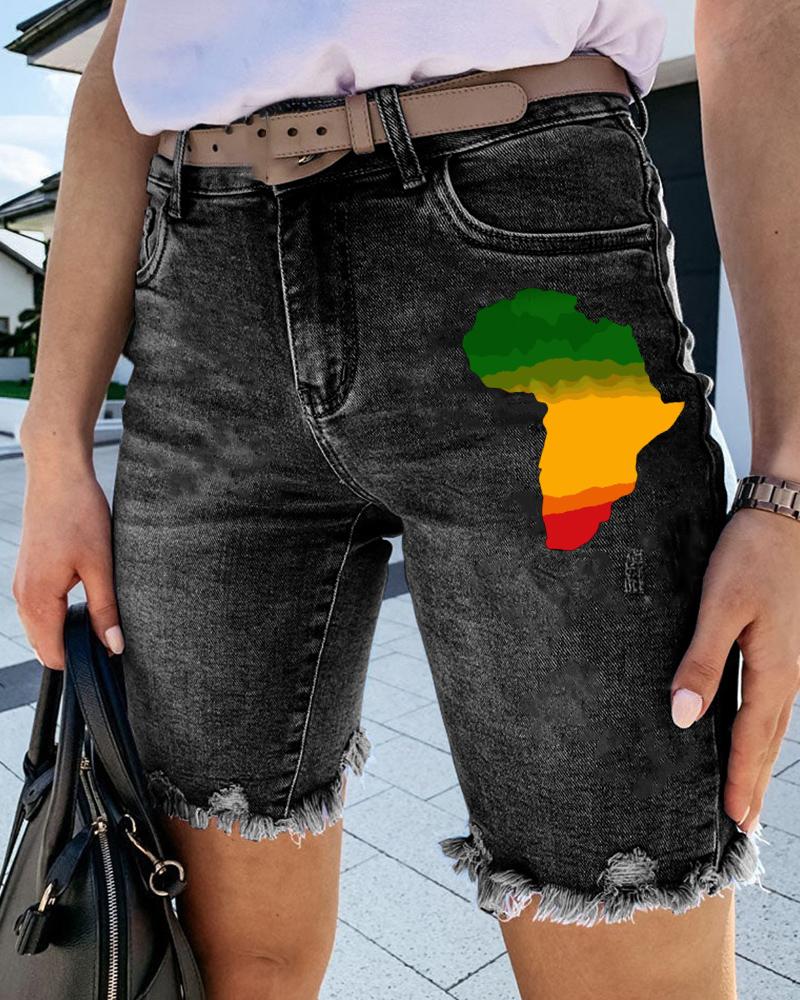 Juneteenth Black African Map Print Denim Cropped Shorts