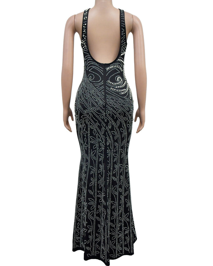 Women's Fashion Solid Color Hot Diamond Slit Backless Maxi Dress