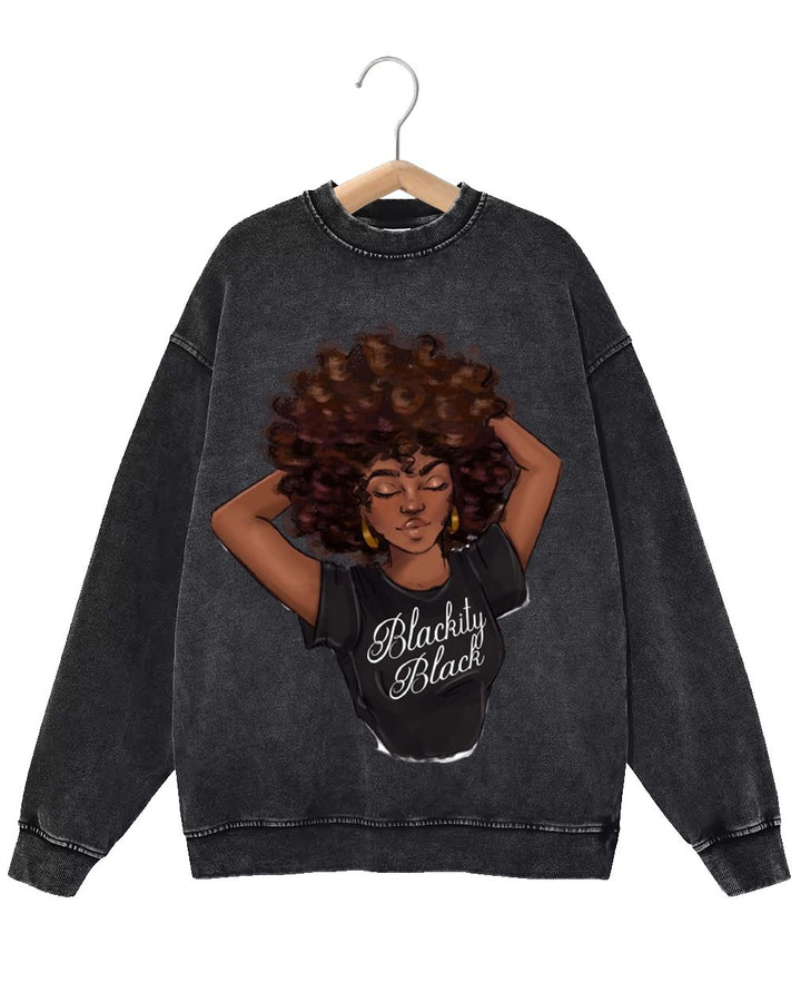 Retro Fashion Distressed Washed Proud Black Woman Print Long Sleeve Sweatshirt