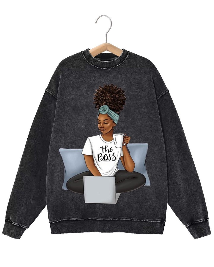 Retro Fashion Distressed Washed The Boss Brown Women Print Long Sleeve Sweatshirt