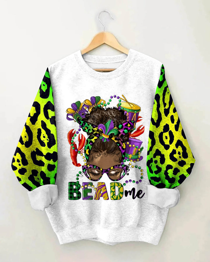 Afro Messy Bun Mardi Gras Bead Me Crewneck Sweatshirt