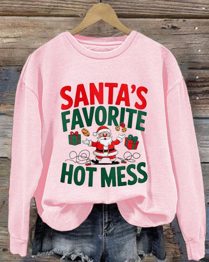 Women's Christmas Santa's Favorite Hotmess Print Crew Neck Sweatershirts