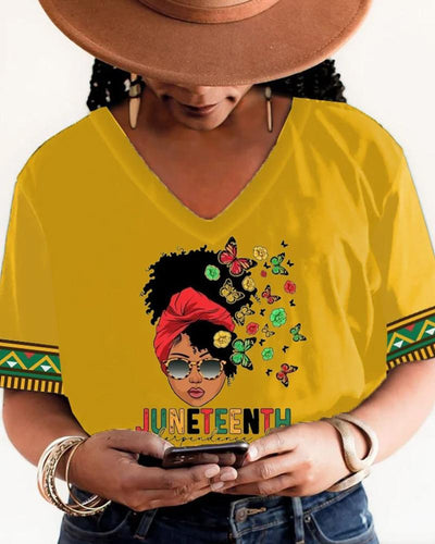 Black girl butterfly print V-neck short-sleeved T-shirt