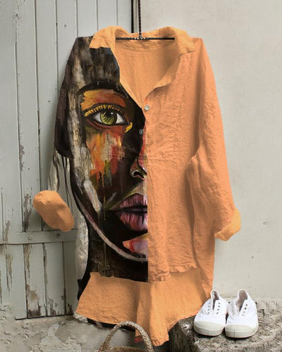 African Woman Art Face Print Irregular Casual Tunic