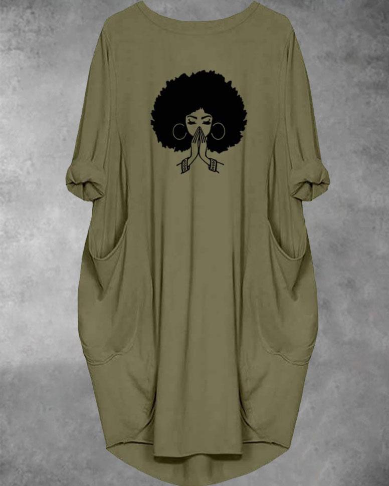 Praying Afro Girl Long Sleeve Pockets Midi Dresse