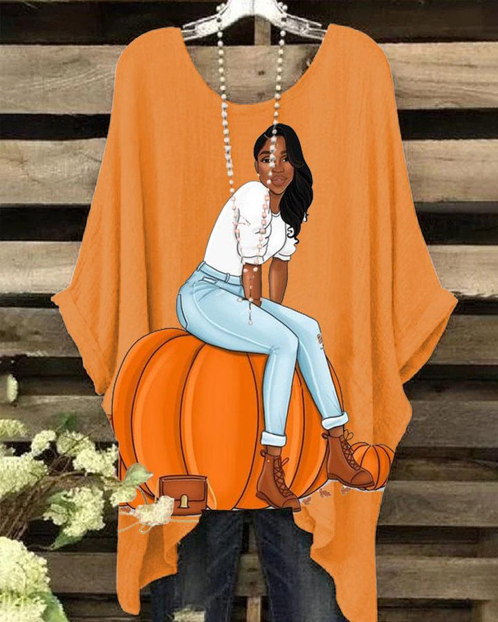 Women  Thanksgiving  Black Girl And Pumpkin Round Neck Bat Sleeve Print Blouses