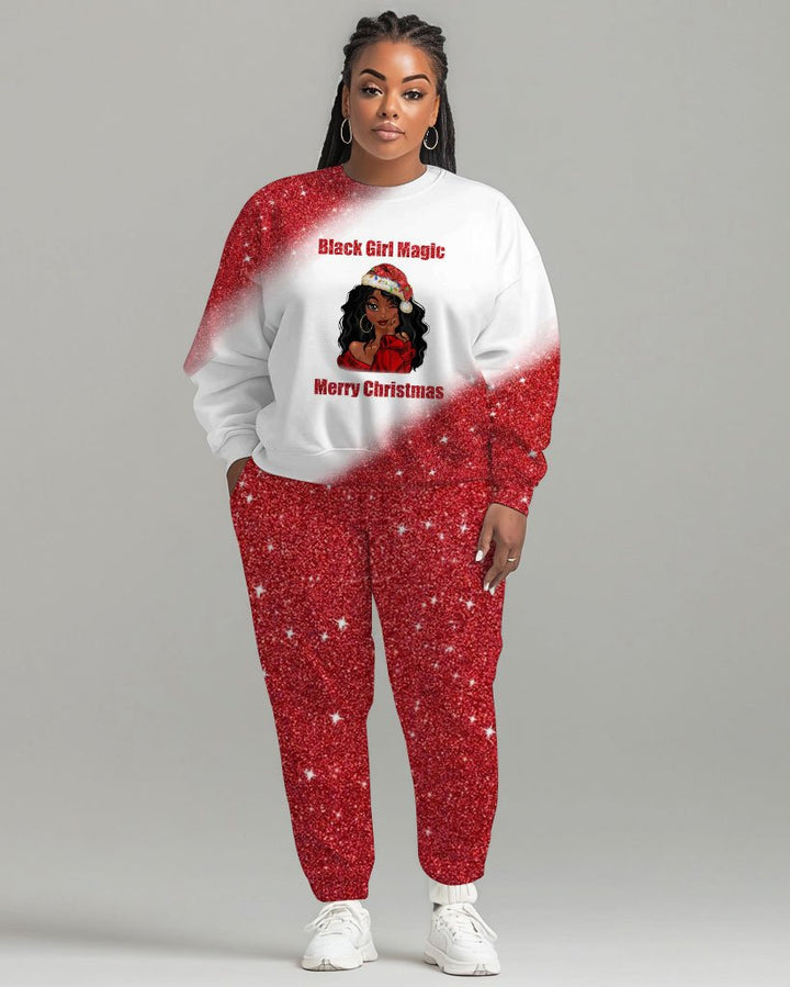 Black Girl Magic Merry Christmas Print Long Sleeve Sweatshirt Two Pieces Set