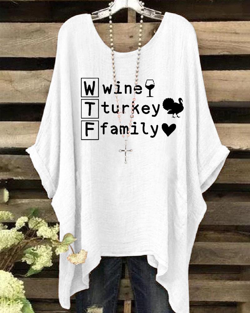 Women's Thanksgiving Wine Turkey Family Round Neck Print Shirt