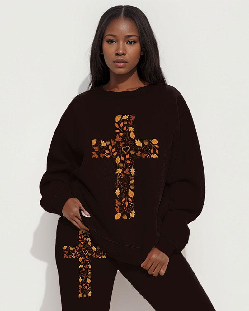 Flowers and Leaves Print Long Sleeve Sweatshirt Two Pieces Set