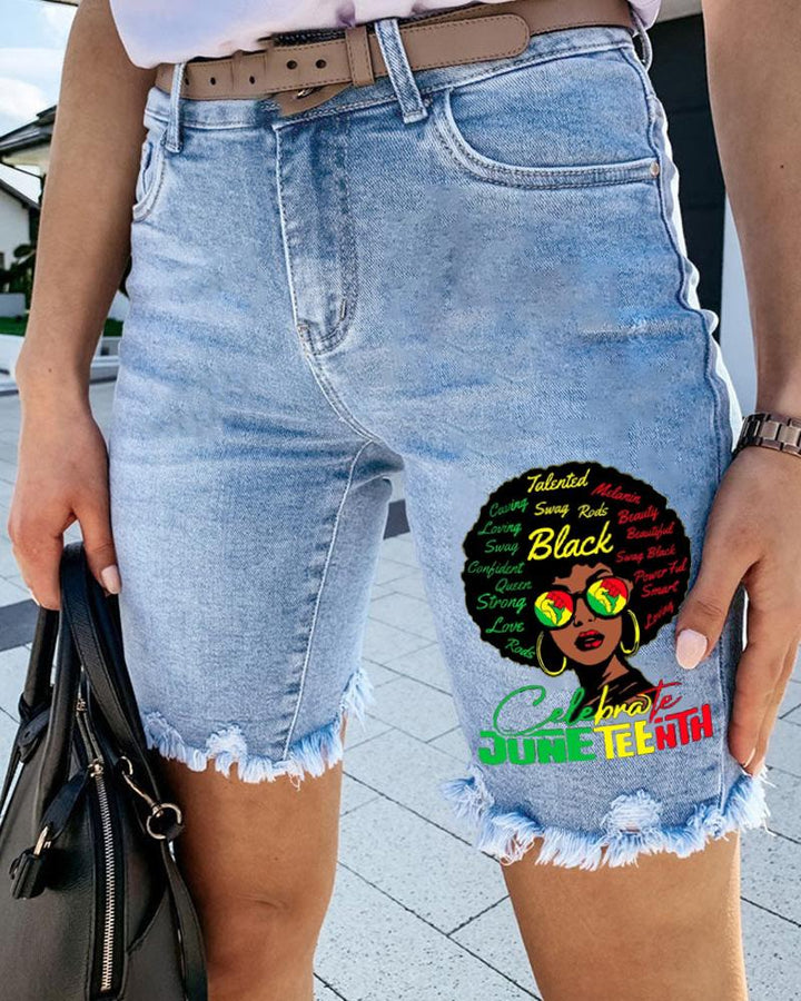 Juneteenth Black Girl Letter Print Denim Cropped Shorts