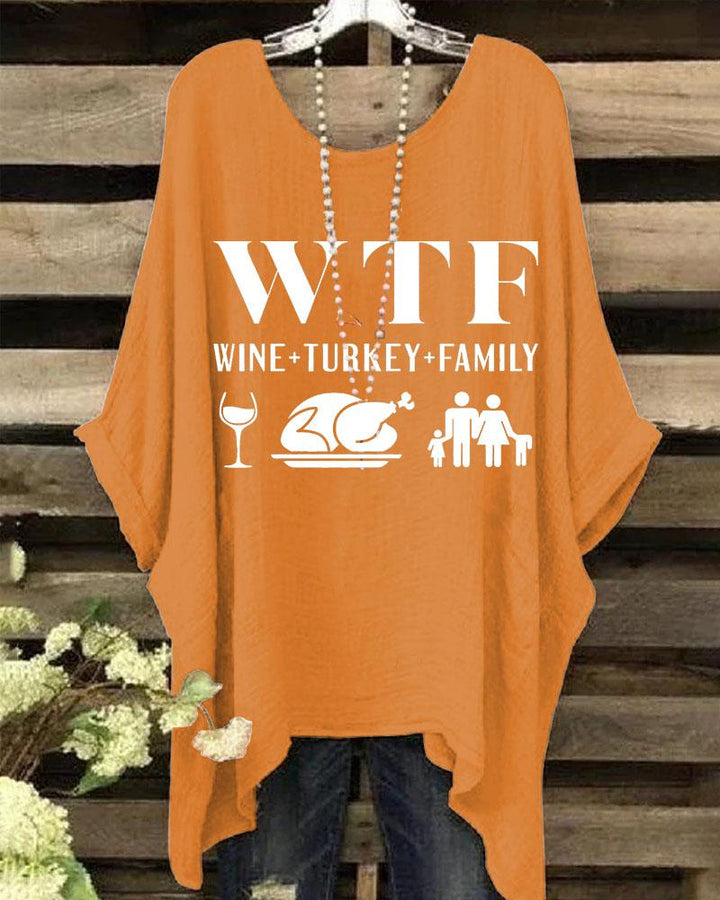 Women's Thanksgiving Wine Turkey Family Crewneck Batwing Sleeve Printed Blouses