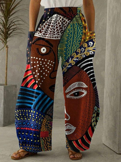 Ethnic style artistic personality black printed casual trousers