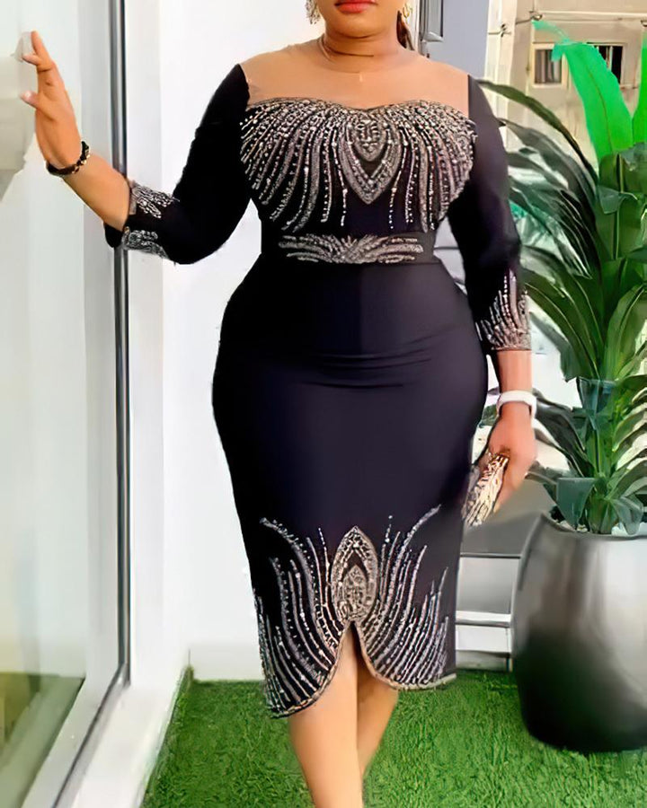 Women's Plus Size Mid-Length Sleeve Beaded Hot-Drilled Party Fashion Evening Dress