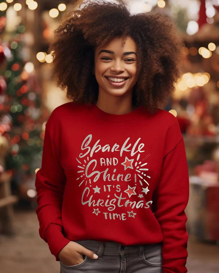 Women's Christmas Slogan Sharkle And Shine It'S Christmas Time Print Crewneck Sweatshirt